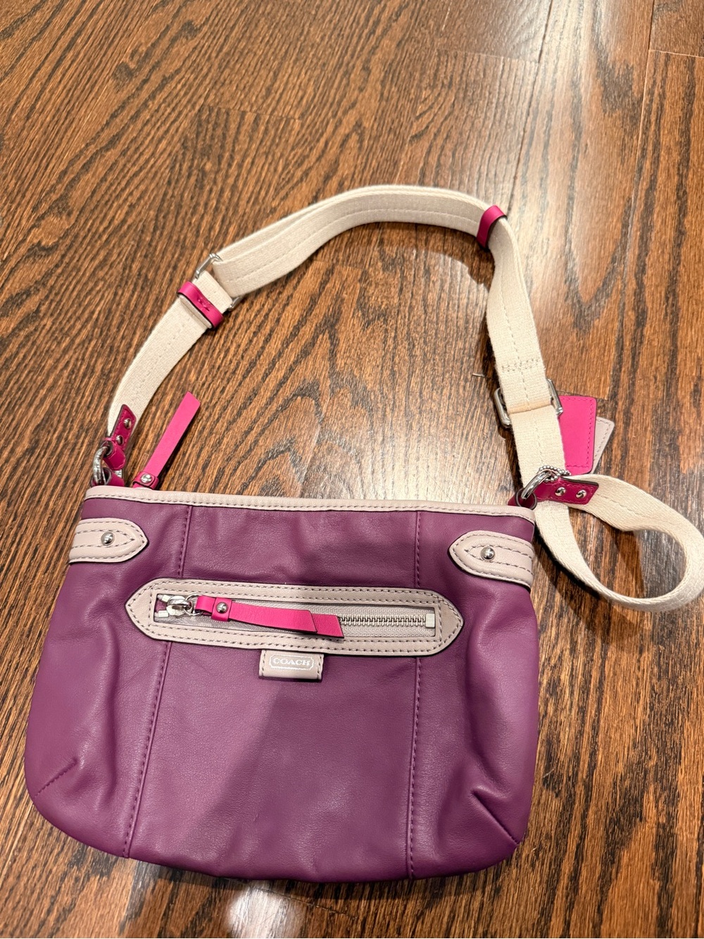 Coach Purple daisy Leather Crossbody with Cream Strap and Pink Trim